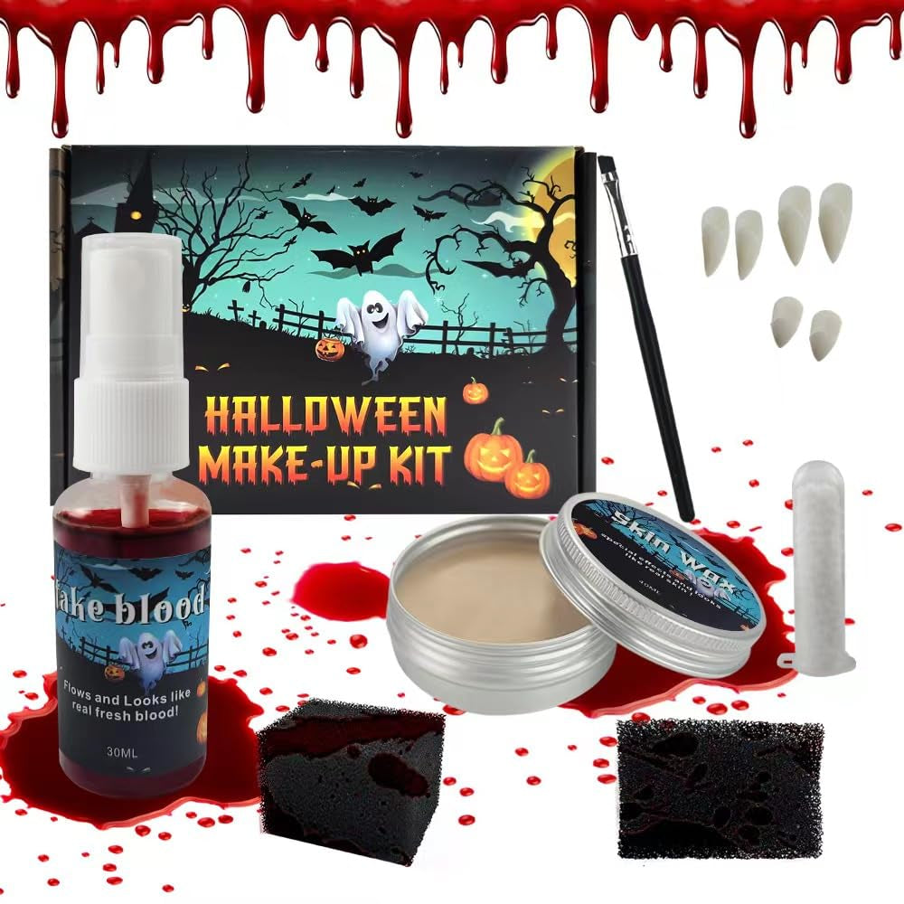 Halloween SFX Makeup Kit - Special Effects Set Include Wax, Sponges, Fake Blood, Teeth, Brushes - Vampire Cosplay