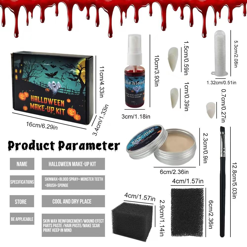 Halloween SFX Makeup Kit - Special Effects Set Include Wax, Sponges, Fake Blood, Teeth, Brushes - Vampire Cosplay