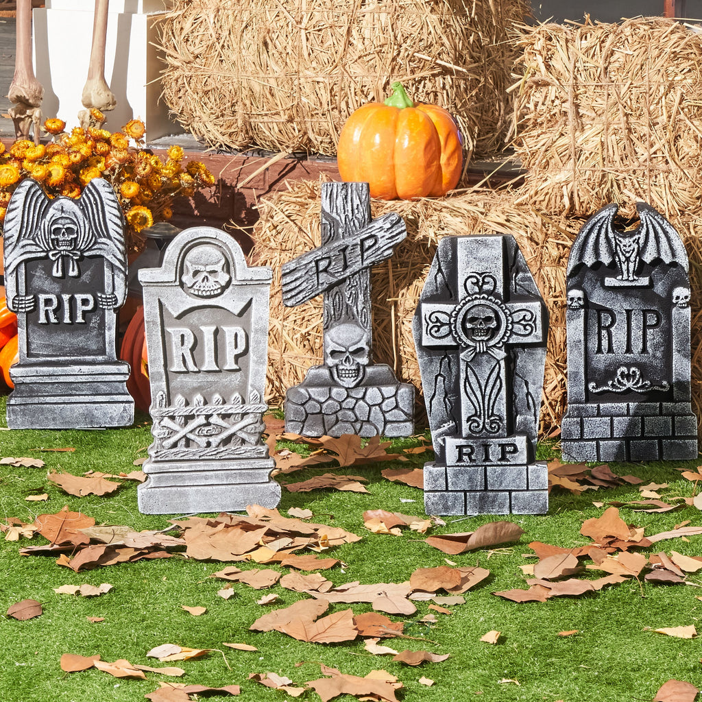 5 Pcs 17 ” Halloween Foam RIP Graveyard Tombstones with 12 Metal Stakes,Halloween Outdoor Decorations for Cemetery,Yard,Lawn Party Decorations