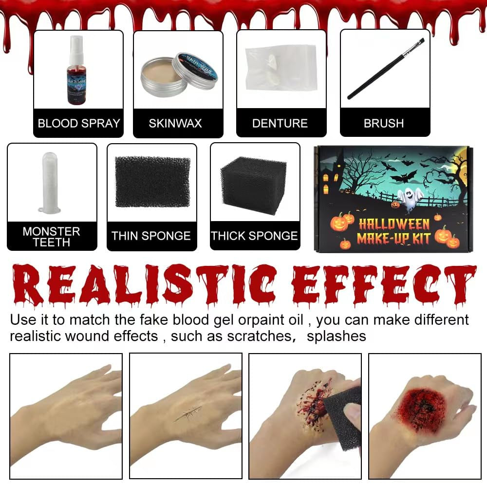 Halloween SFX Makeup Kit - Special Effects Set Include Wax, Sponges, Fake Blood, Teeth, Brushes - Vampire Cosplay