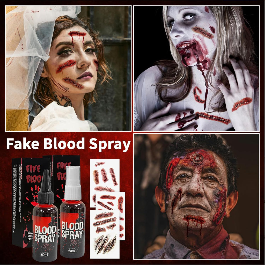 5Pcs Halloween Fake Blood Spray Makeup Accessories, 2Oz Halloween Washable Fake Blood Spray and Fake Tattoos Scar Stickers for Halloween Vampire Zombie Makeup Accessories, Halloween Masquerade Props