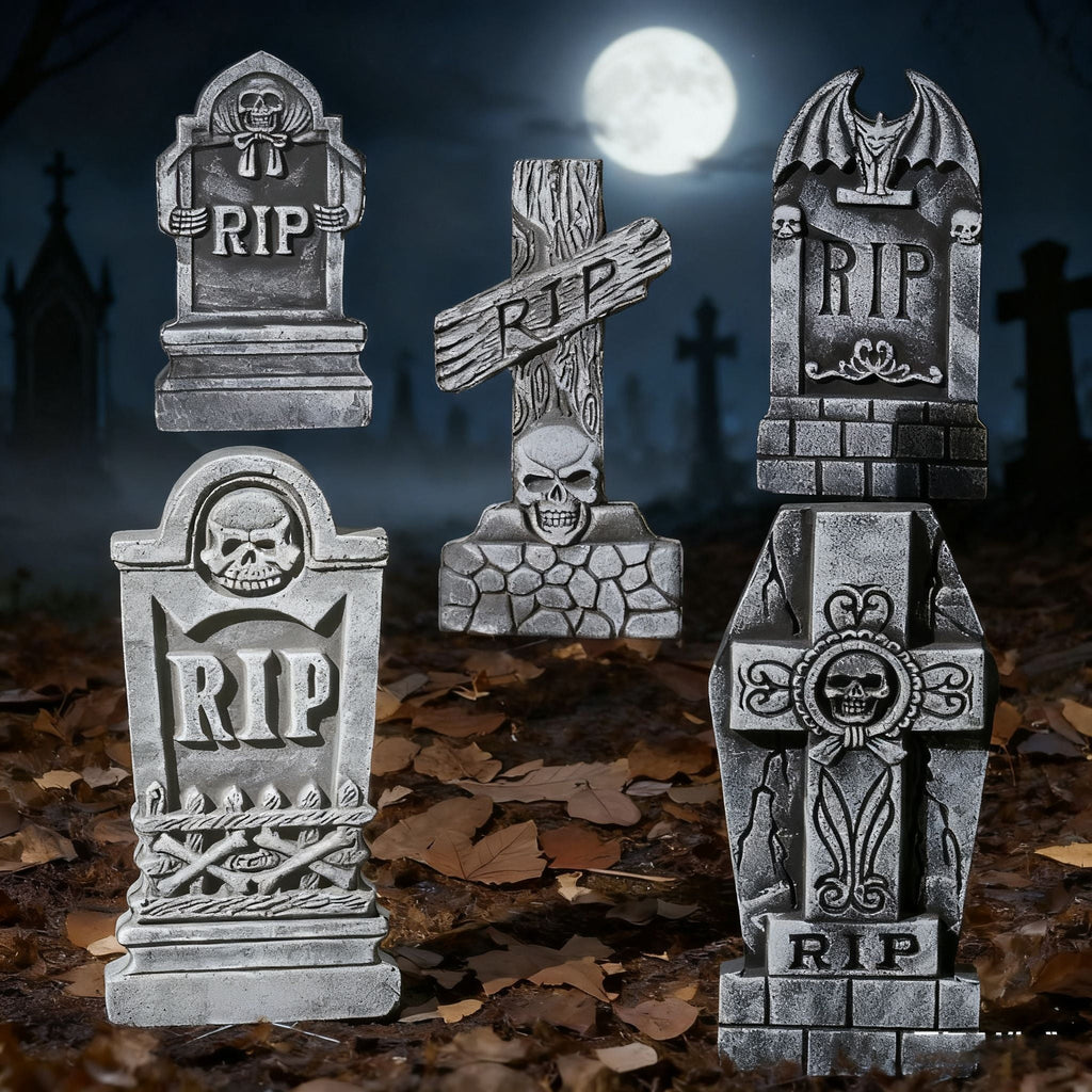 5 Pcs 17 ” Halloween Foam RIP Graveyard Tombstones with 12 Metal Stakes,Halloween Outdoor Decorations for Cemetery,Yard,Lawn Party Decorations