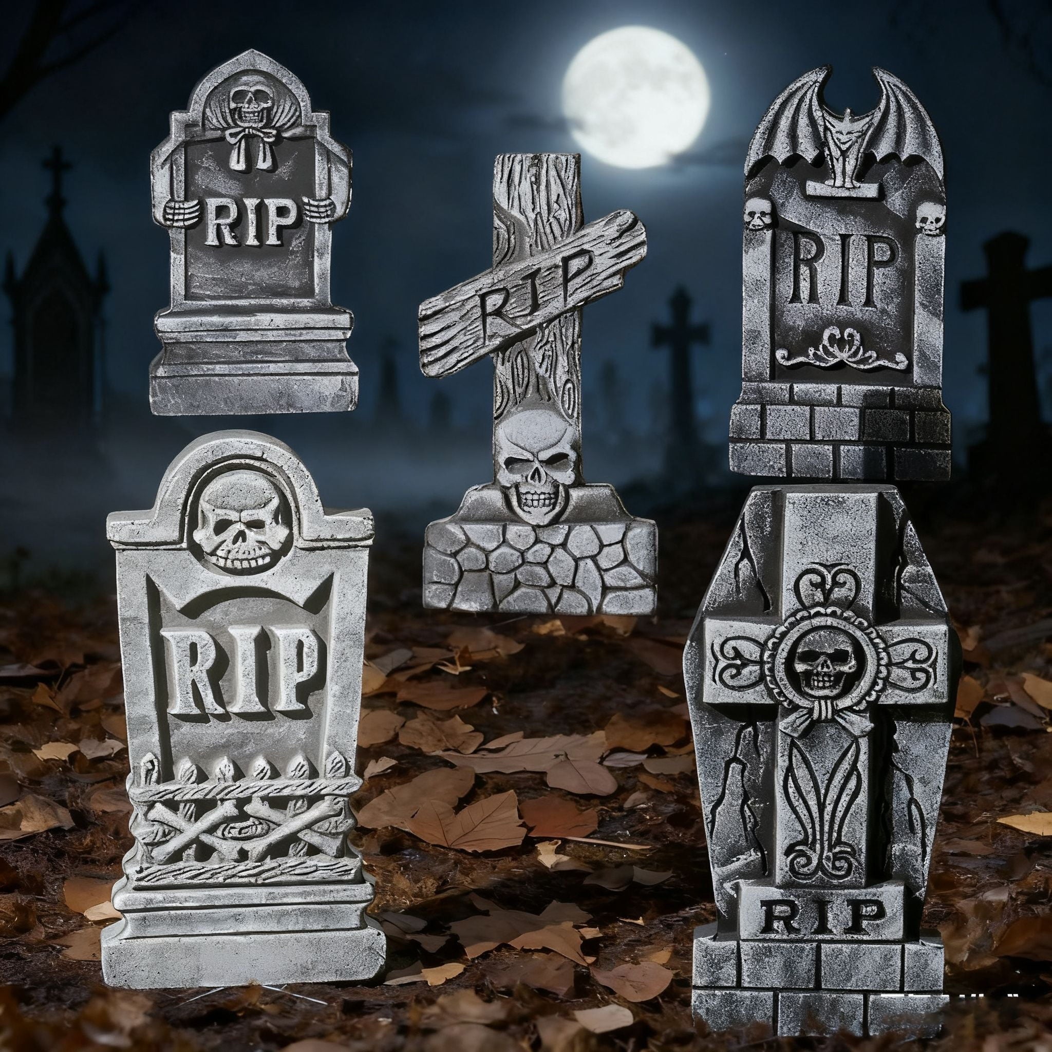 5 Pcs 17 ” Halloween Foam RIP Graveyard Tombstones with 12 Metal Stakes,Halloween Outdoor Decorations for Cemetery,Yard,Lawn Party Decorations