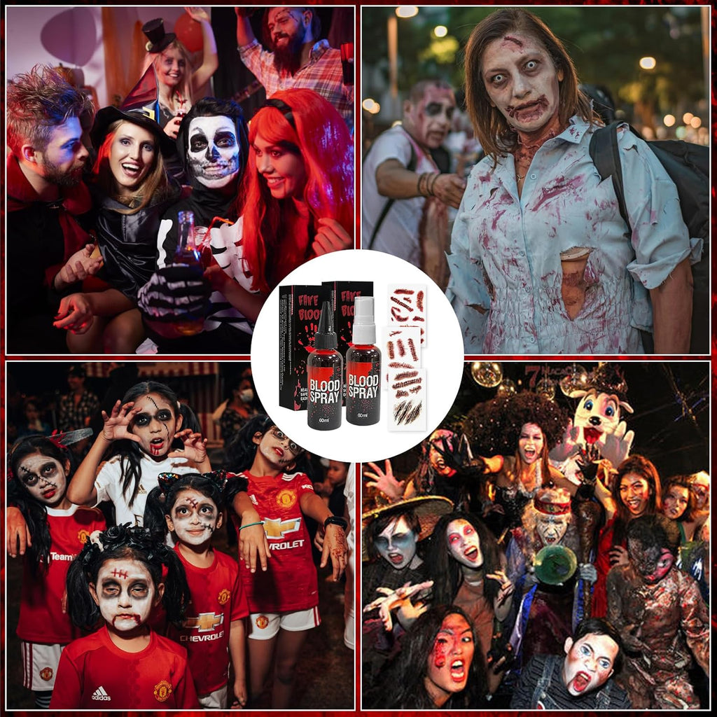 5Pcs Halloween Fake Blood Spray Makeup Accessories, 2Oz Halloween Washable Fake Blood Spray and Fake Tattoos Scar Stickers for Halloween Vampire Zombie Makeup Accessories, Halloween Masquerade Props