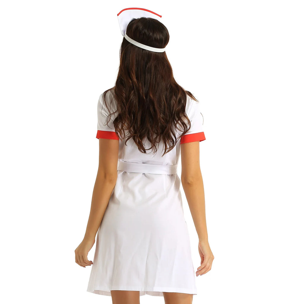 Women Female Sexy Nurse Costume Deep V Sexy Doctor Cosplay Adult Nurse Uniform Role Play Party Dress with Belt and Hat