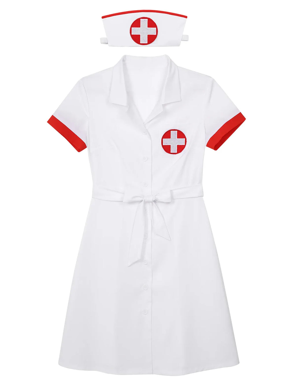 Women Female Sexy Nurse Costume Deep V Sexy Doctor Cosplay Adult Nurse Uniform Role Play Party Dress with Belt and Hat