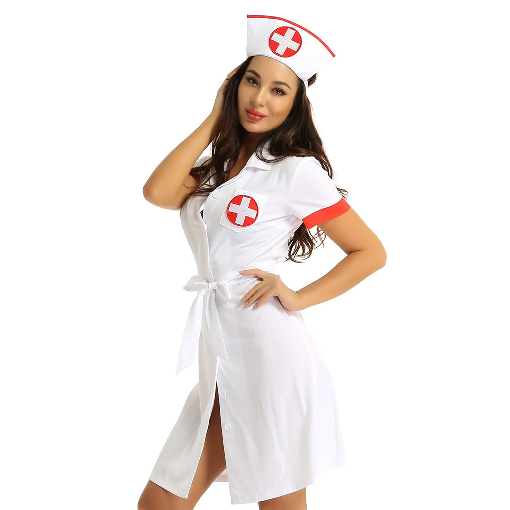 Women Female Sexy Nurse Costume Deep V Sexy Doctor Cosplay Adult Nurse Uniform Role Play Party Dress with Belt and Hat