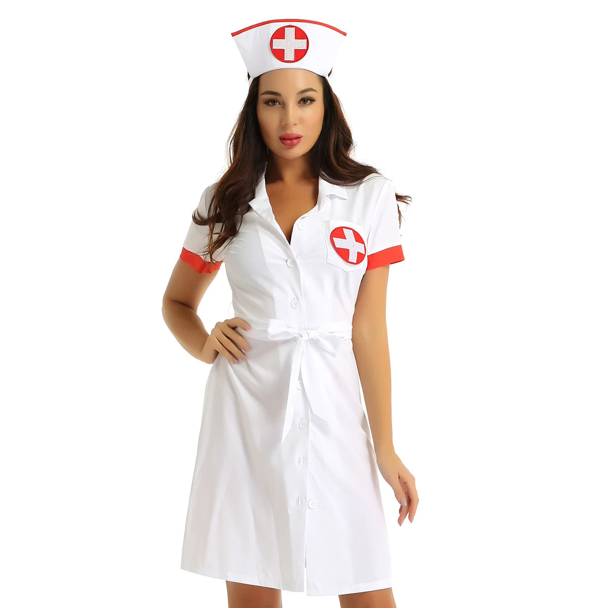 Women Female Sexy Nurse Costume Deep V Sexy Doctor Cosplay Adult Nurse Uniform Role Play Party Dress with Belt and Hat