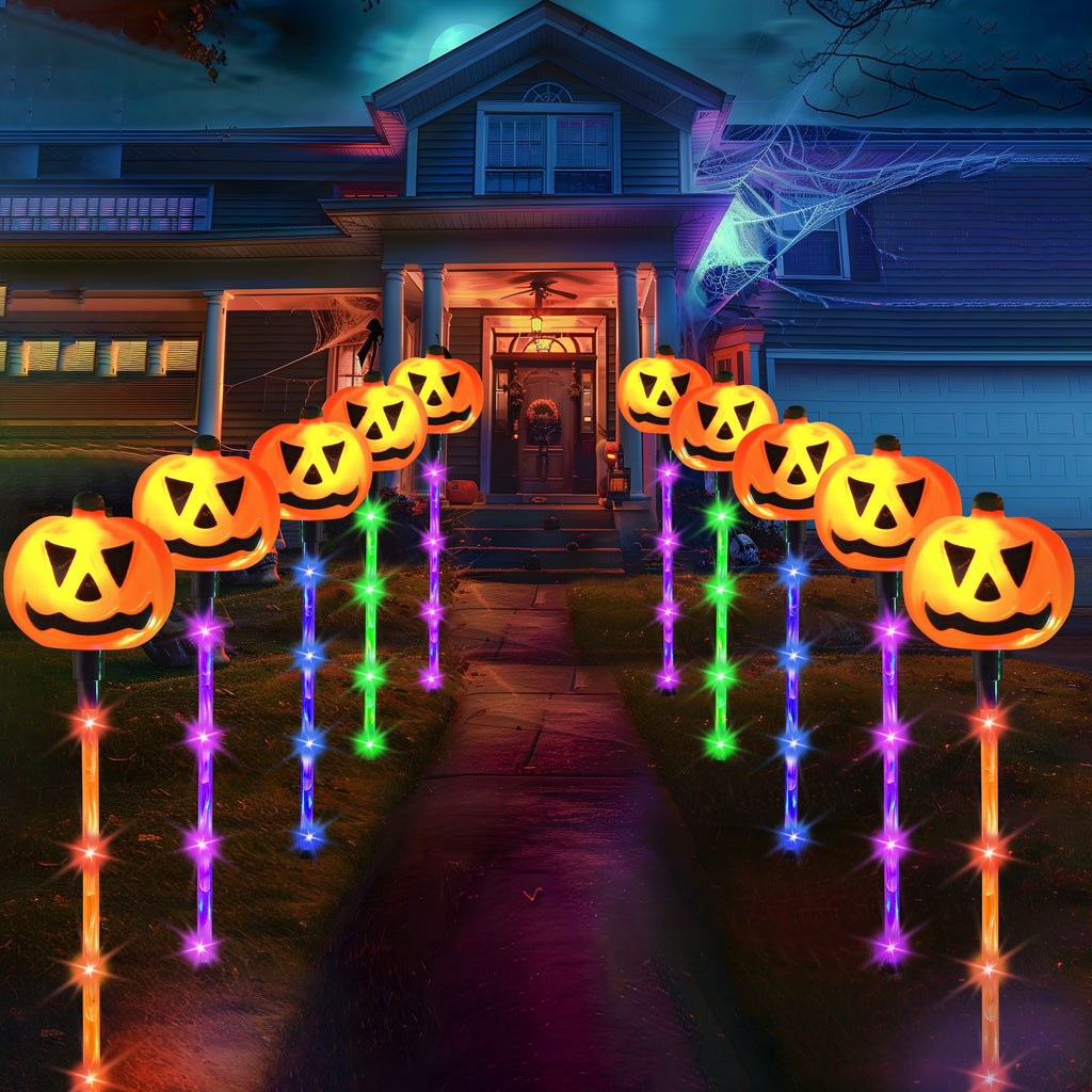 10 Pack Halloween Decorations Lighted Pumpkin Pathway Lights Stakes,Outdoor Jack-O-Lantern Waterproof Decorations,Scary Halloween Party Props Outdoor Yard Decor