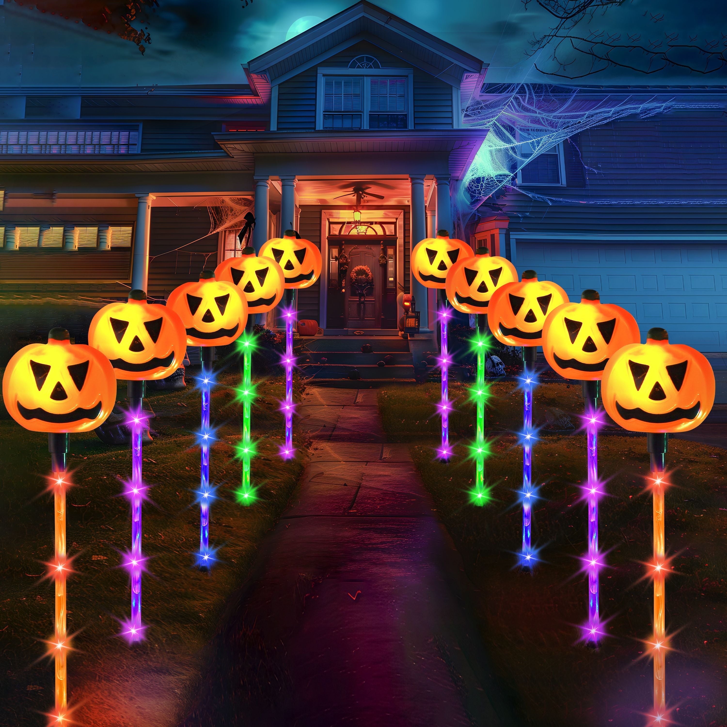 10 Pack Halloween Decorations Lighted Pumpkin Pathway Lights Stakes,Outdoor Jack-O-Lantern Waterproof Decorations,Scary Halloween Party Props Outdoor Yard Decor