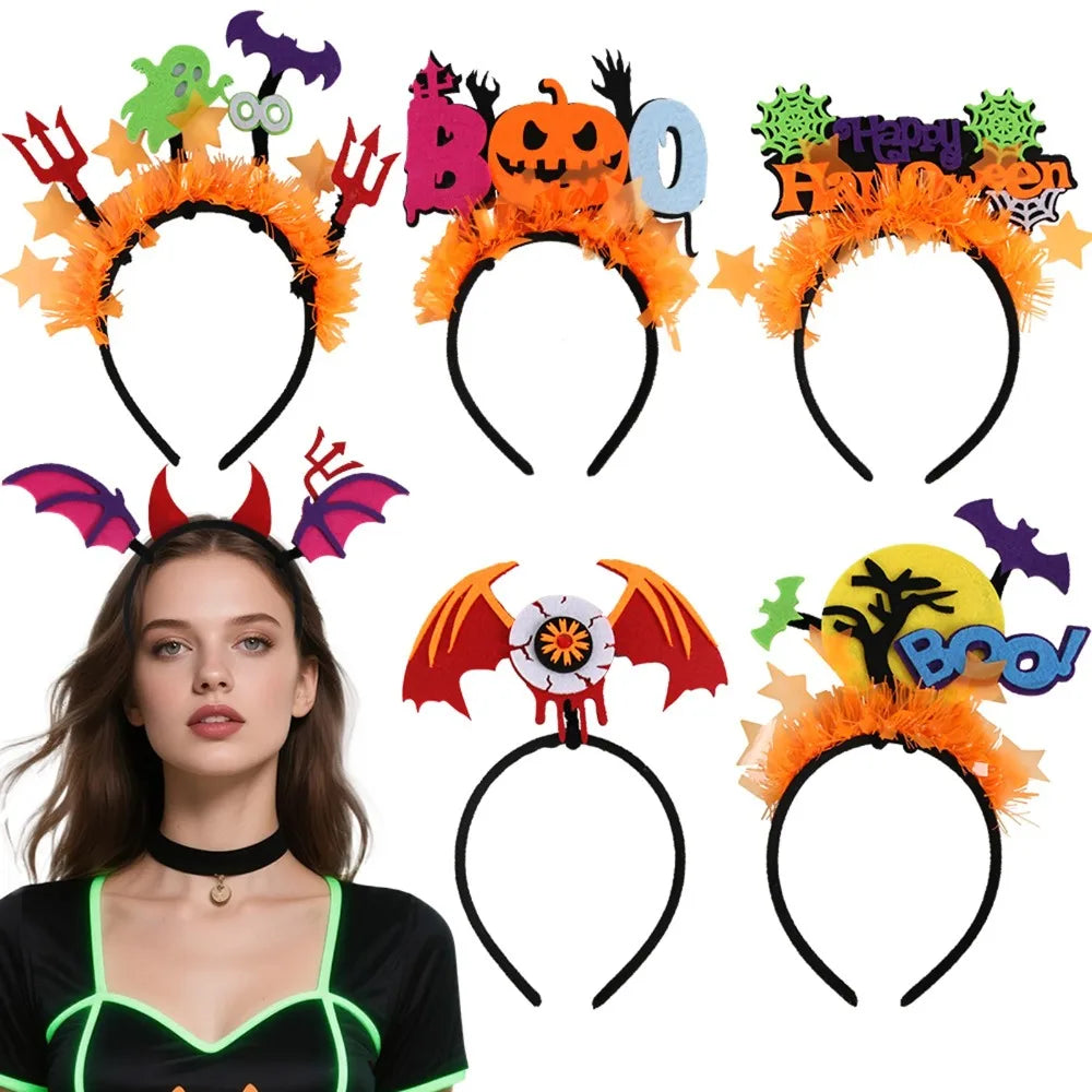 Fluorescent Halloween Headband Hair Hoop with Pumpkin Ghost Bat Spider Web Hair Band Party Decor Cosplay Props Hair Accessories
