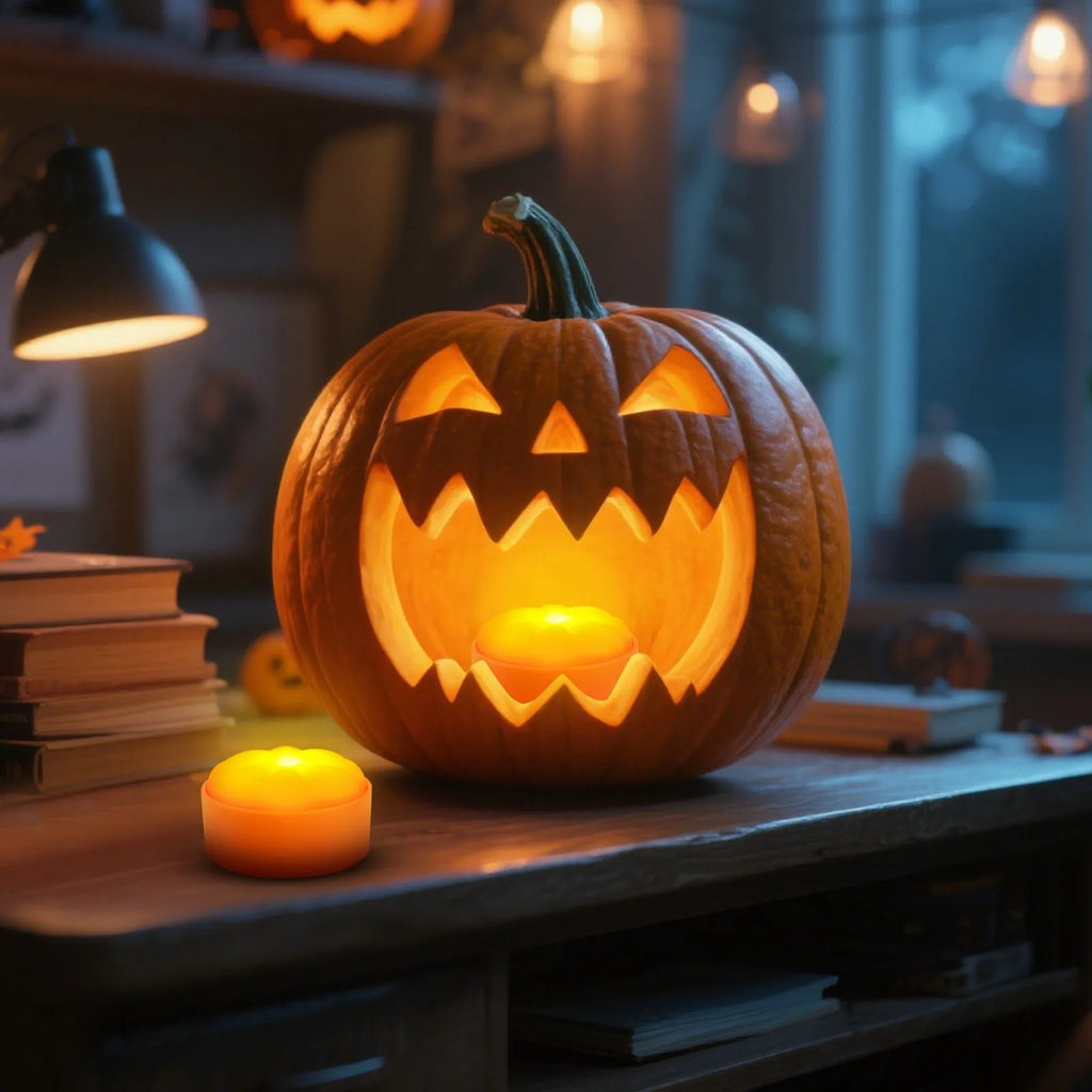 2 - Remote-Controlled LED Jack-O-Lantern Lights - Battery-Powered Pumpkin Decor with Timer for Indoor/Outdoor Halloween Ambiance