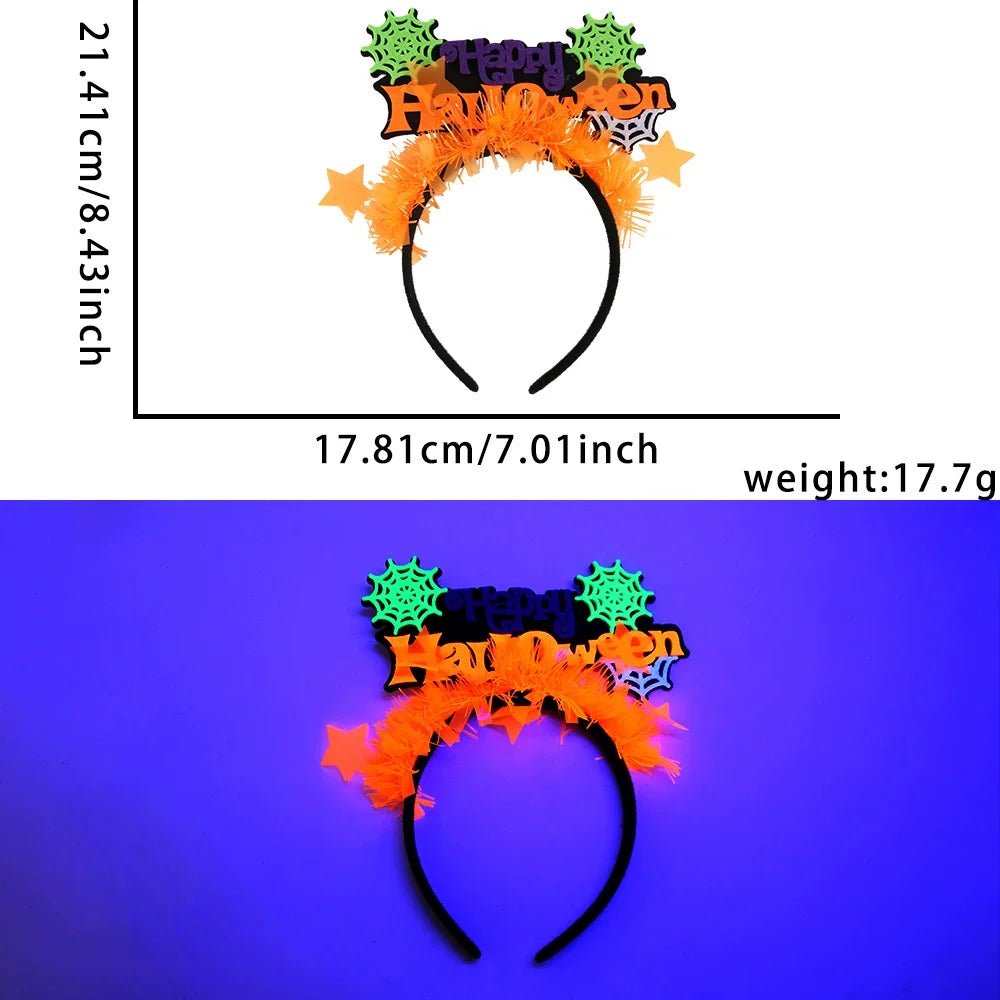Fluorescent Halloween Headband Hair Hoop with Pumpkin Ghost Bat Spider Web Hair Band Party Decor Cosplay Props Hair Accessories