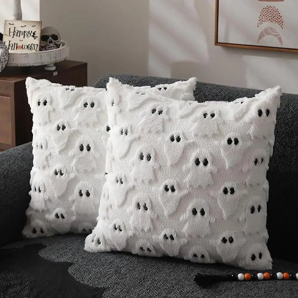 Ghost Pumpkin Plush Faux Fur Pillow Covers Soft Halloween Decor for Sofa Couch Bed Living Room White Orange Pillowcases 45X45Cm