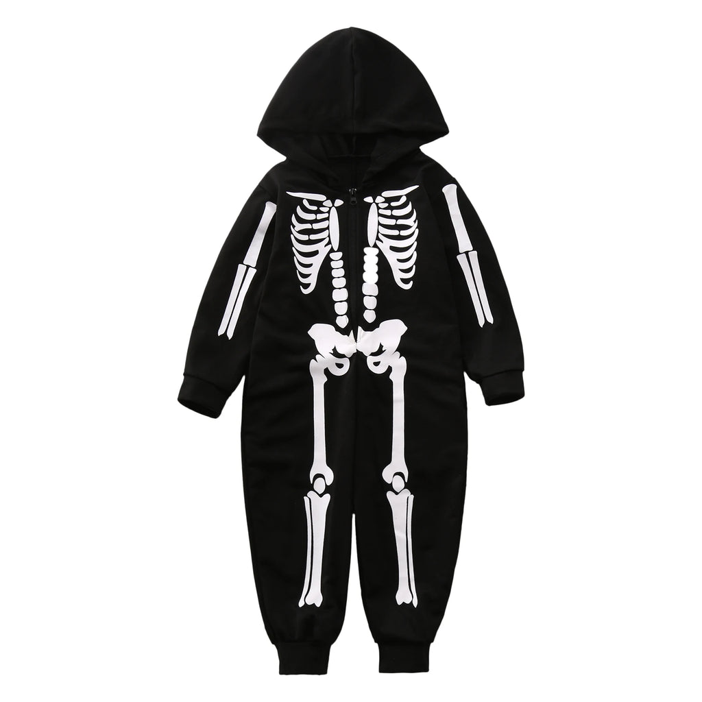 Family Matching Outfits Skeleton Print Long Sleeve Hooded Romper Jumpsuits with Zipper Fall Winter Dad Mom Kids Baby Clothes