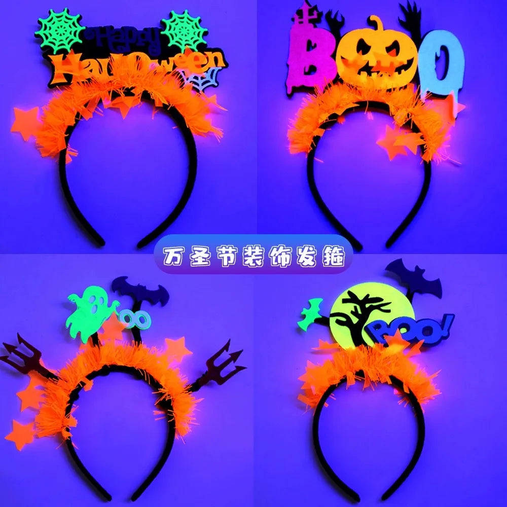 Fluorescent Halloween Headband Hair Hoop with Pumpkin Ghost Bat Spider Web Hair Band Party Decor Cosplay Props Hair Accessories