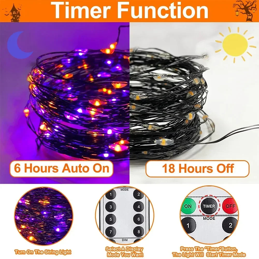 100/200Leds Black Wire String Light Halloween Purple Fairy String Light 8Modes Indoor Wedding Christmas Garland Party Decoration