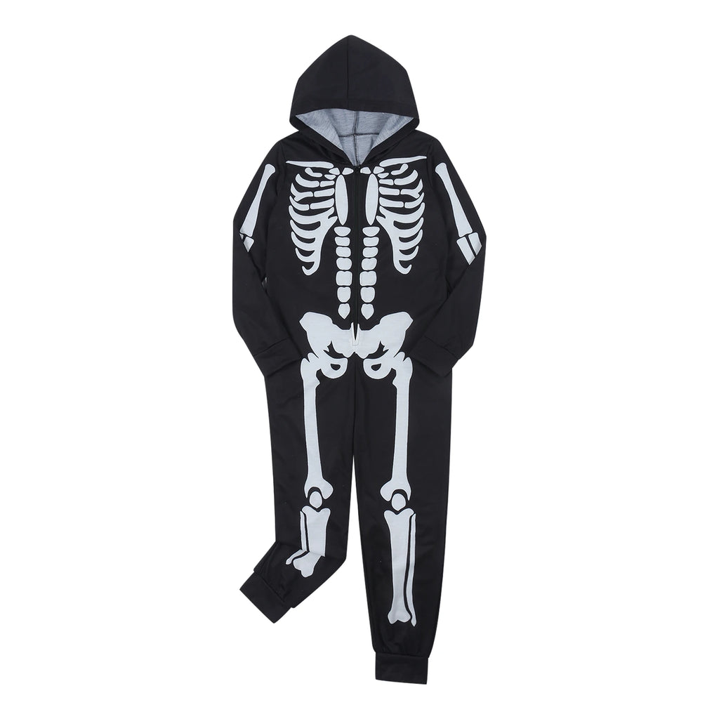 Family Matching Outfits Skeleton Print Long Sleeve Hooded Romper Jumpsuits with Zipper Fall Winter Dad Mom Kids Baby Clothes