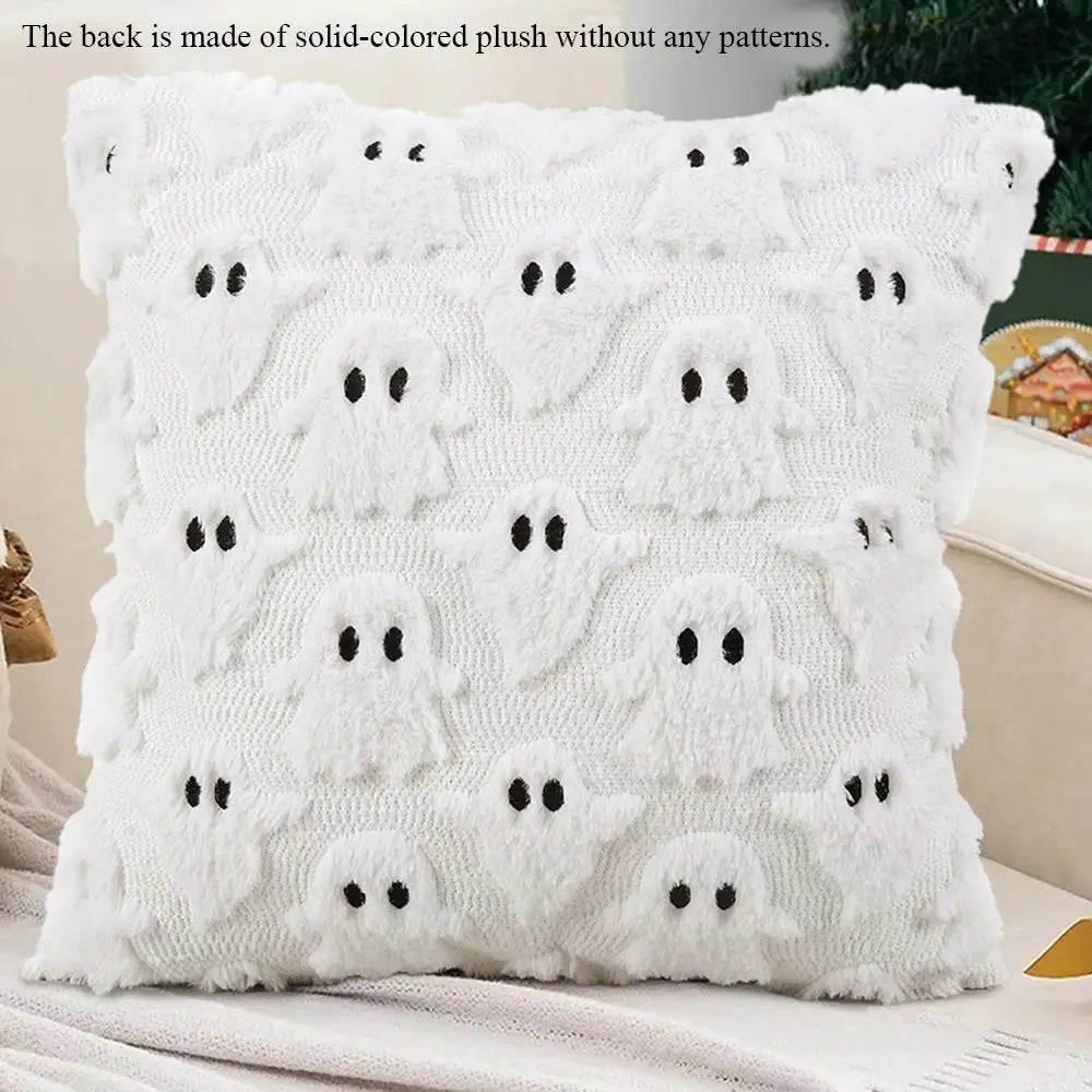 Ghost Pumpkin Plush Faux Fur Pillow Covers Soft Halloween Decor for Sofa Couch Bed Living Room White Orange Pillowcases 45X45Cm