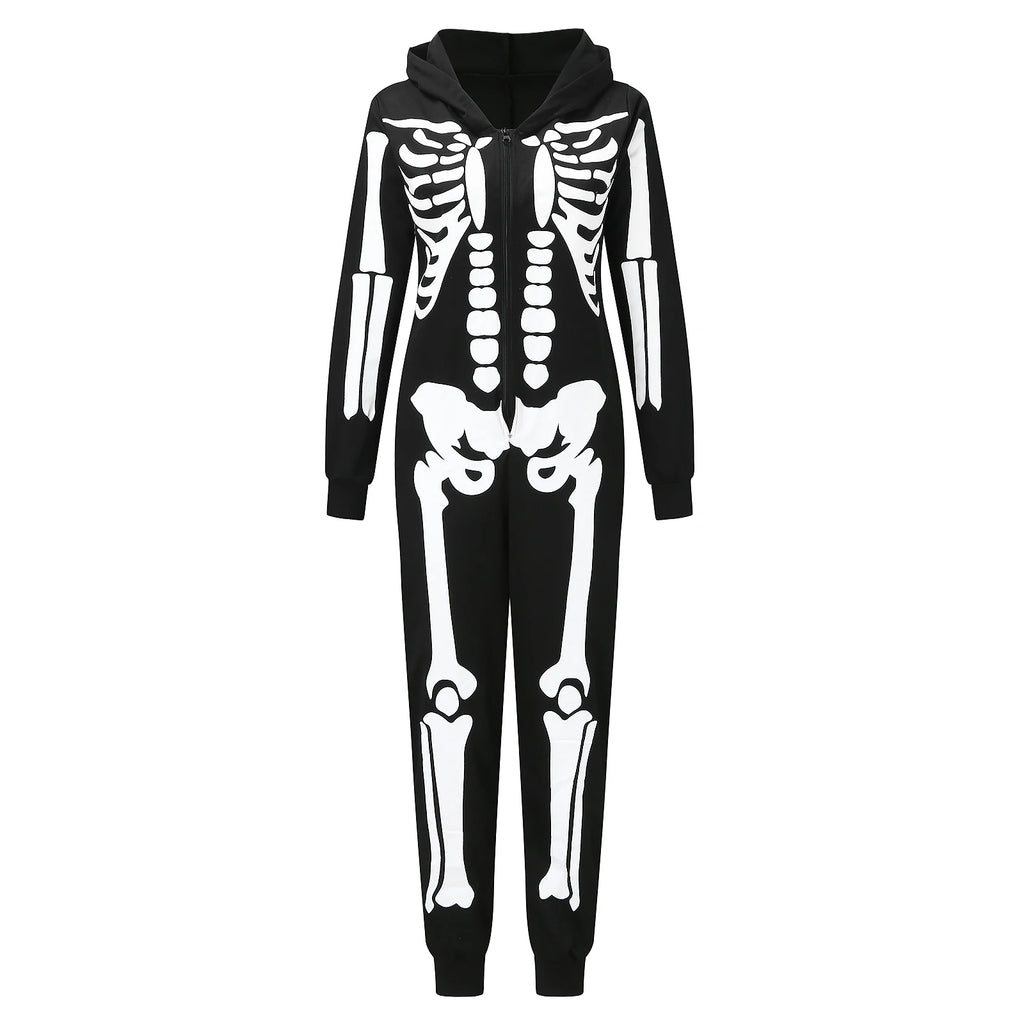 Family Matching Outfits Skeleton Print Long Sleeve Hooded Romper Jumpsuits with Zipper Fall Winter Dad Mom Kids Baby Clothes