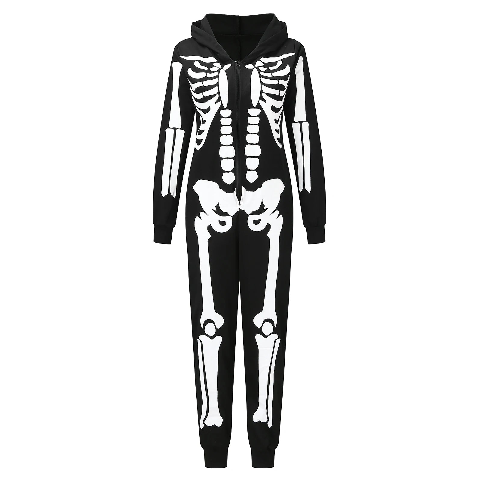 Family Matching Outfits Skeleton Print Long Sleeve Hooded Romper Jumpsuits with Zipper Fall Winter Dad Mom Kids Baby Clothes