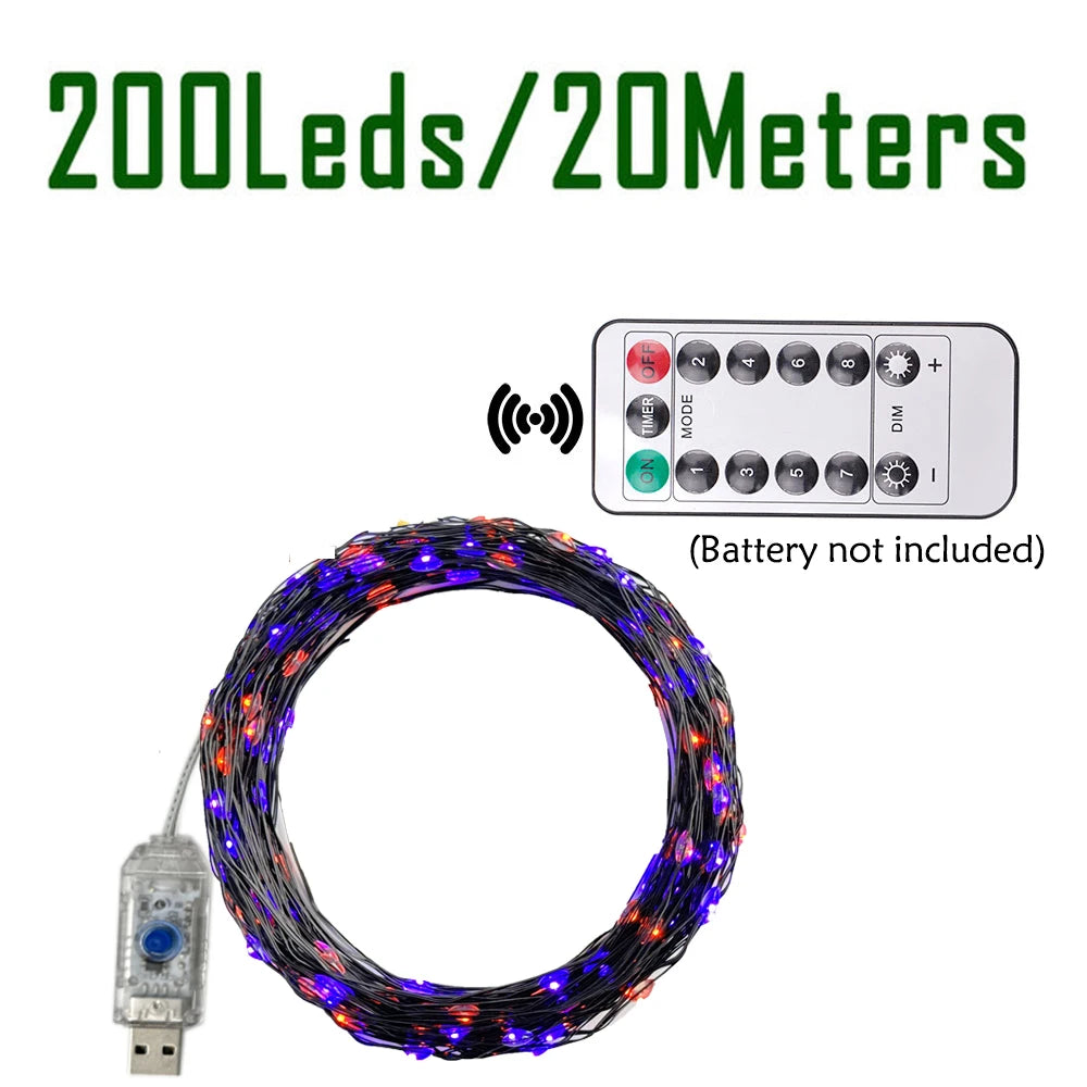 100/200Leds Black Wire String Light Halloween Purple Fairy String Light 8Modes Indoor Wedding Christmas Garland Party Decoration