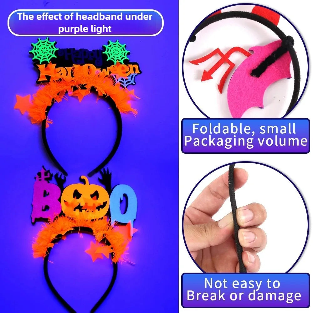 Fluorescent Halloween Headband Hair Hoop with Pumpkin Ghost Bat Spider Web Hair Band Party Decor Cosplay Props Hair Accessories
