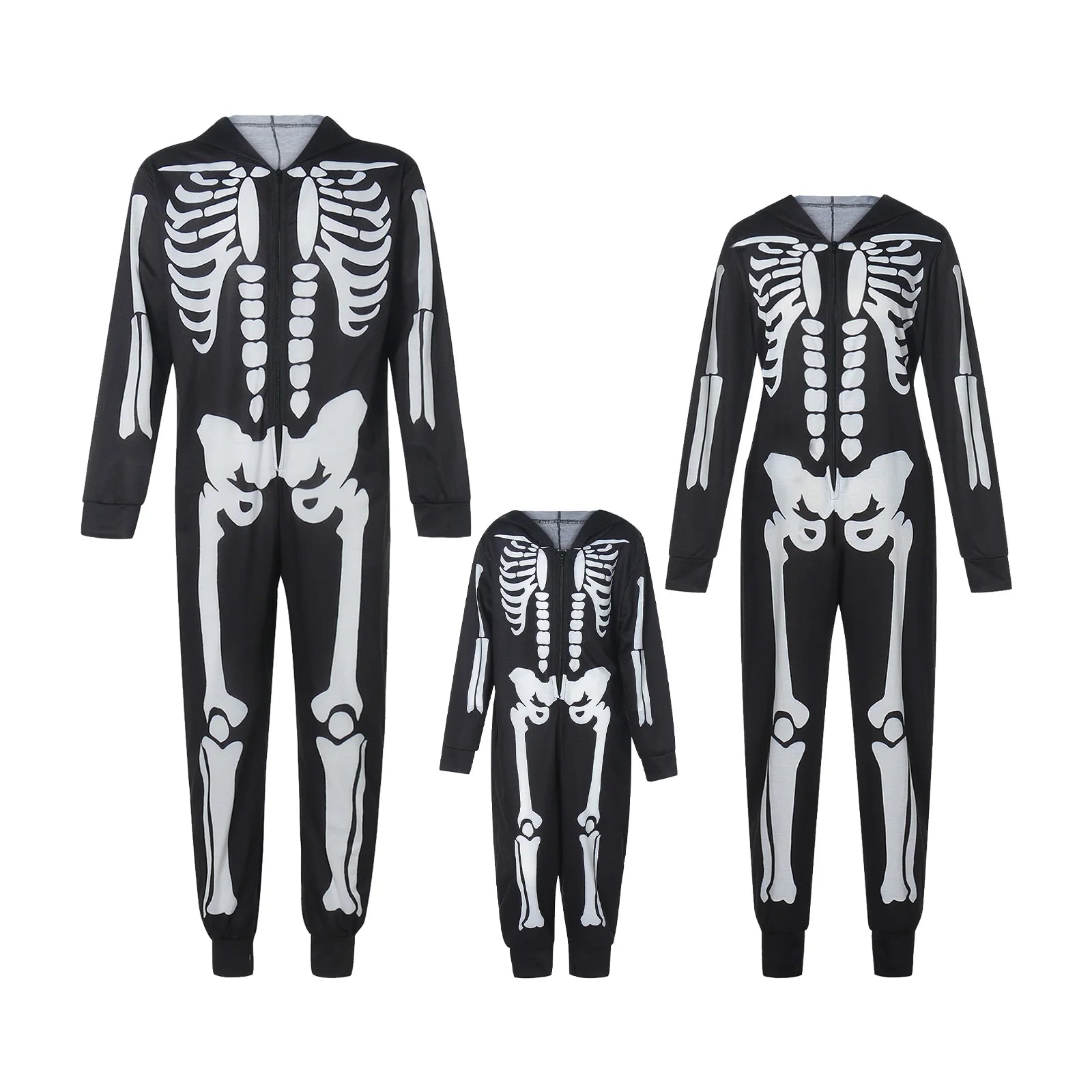 Family Matching Outfits Skeleton Print Long Sleeve Hooded Romper Jumpsuits with Zipper Fall Winter Dad Mom Kids Baby Clothes