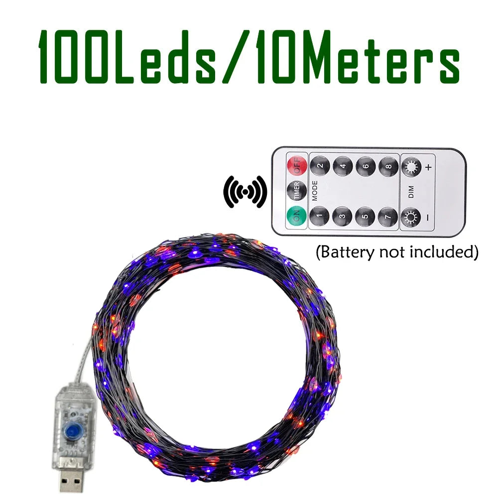 100/200Leds Black Wire String Light Halloween Purple Fairy String Light 8Modes Indoor Wedding Christmas Garland Party Decoration