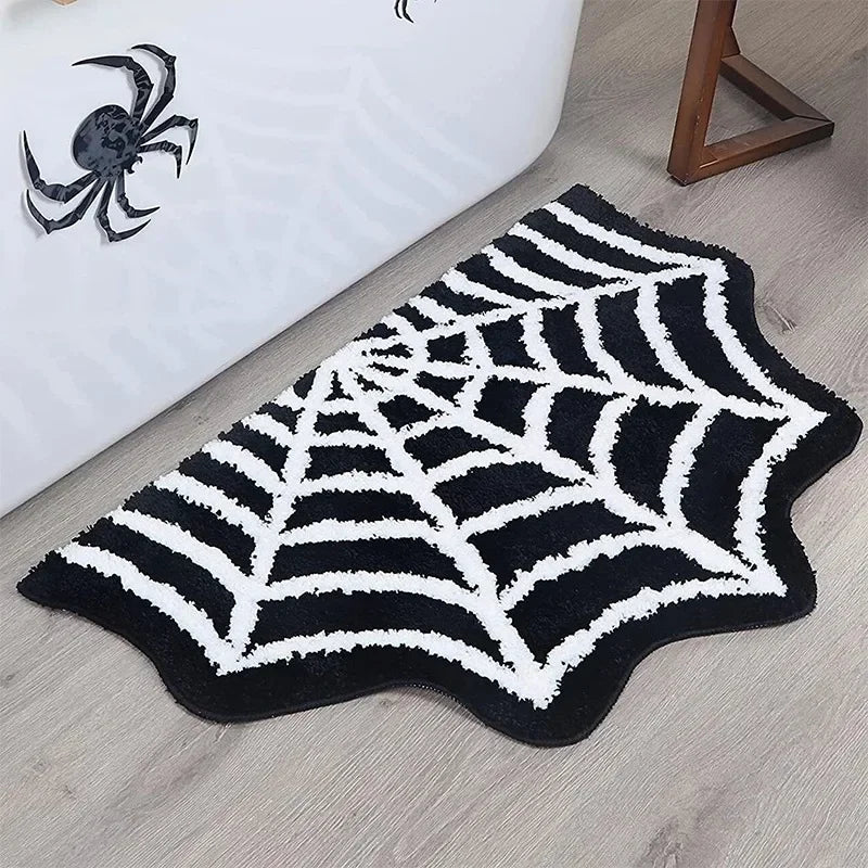 Halloween Shaped Decorative Rug Black Spider Web Ghost Gothic Bathroom Entryway Footrest Washable Dirty Resistant Carpet