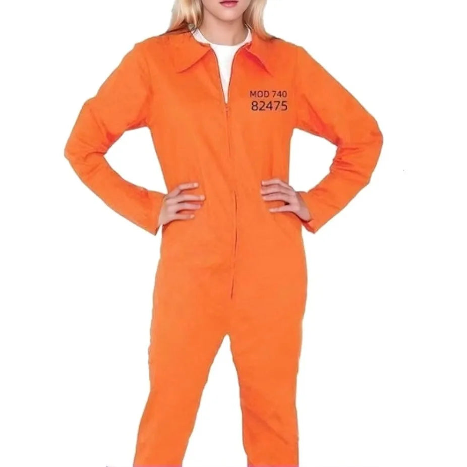 Adult Halloween Prisoner Jumpsuit Women Men Unisex Orange Jail Inmate Costume Cosplay Criminal Outfits Overalls