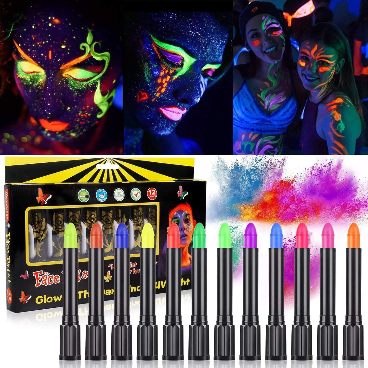 12 Pieces UV Neon Face Painting, Glow in the Dark under UV Lights Face Painting Crayon Sticksmardi Gras Party Halloween Makeup