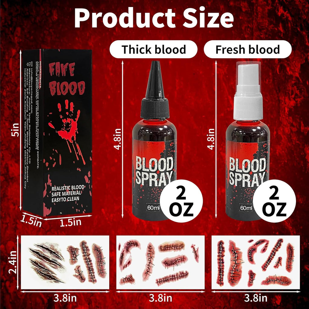 5Pcs Halloween Fake Blood Spray Makeup Accessories, 2Oz Halloween Washable Fake Blood Spray and Fake Tattoos Scar Stickers for Halloween Vampire Zombie Makeup Accessories, Halloween Masquerade Props