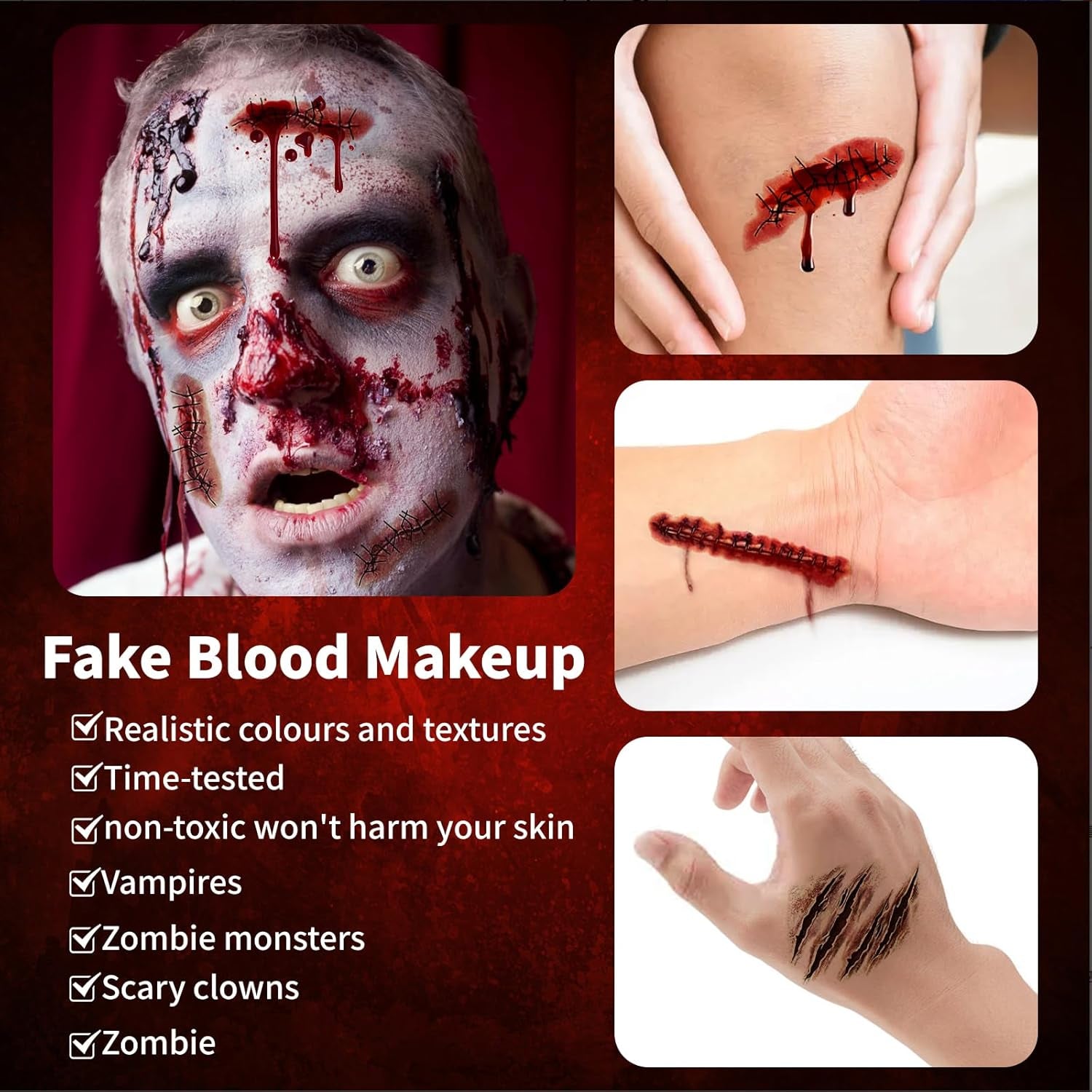5Pcs Halloween Fake Blood Spray Makeup Accessories, 2Oz Halloween Washable Fake Blood Spray and Fake Tattoos Scar Stickers for Halloween Vampire Zombie Makeup Accessories, Halloween Masquerade Props