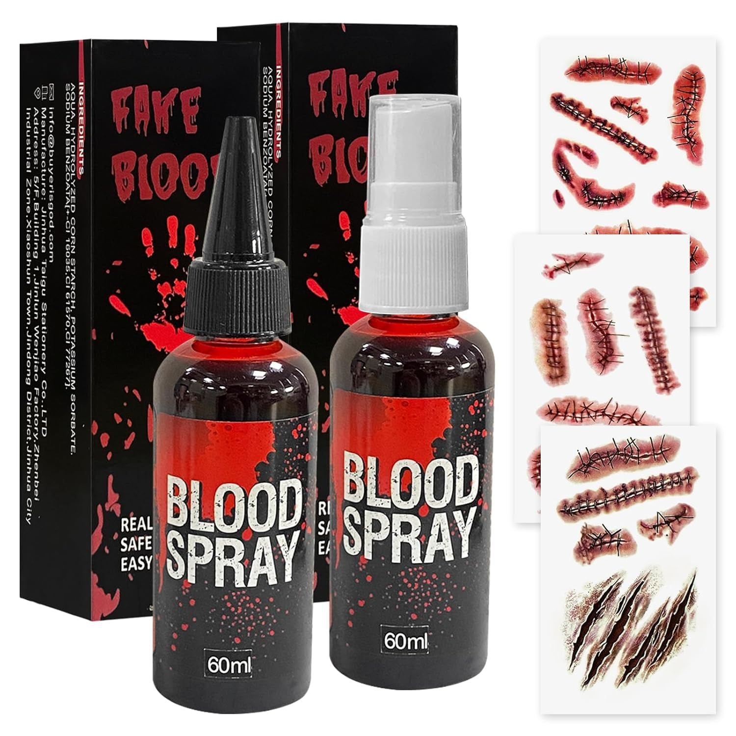 5Pcs Halloween Fake Blood Spray Makeup Accessories, 2Oz Halloween Washable Fake Blood Spray and Fake Tattoos Scar Stickers for Halloween Vampire Zombie Makeup Accessories, Halloween Masquerade Props