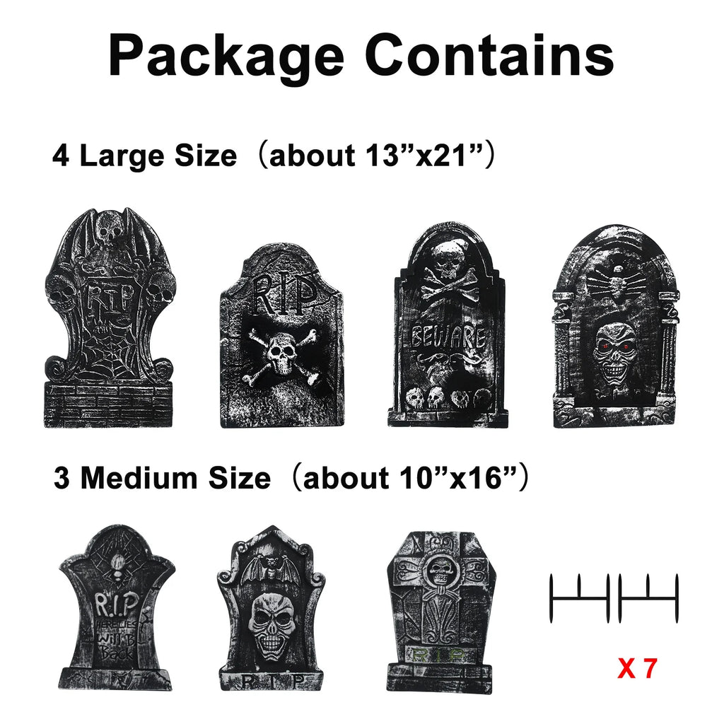 Halloween Foam RIP Graveyard Tombstones, 7Pack(3 X L-Size + 4 X Xl-Size) Foam Tombstone for Halloween Party Outdoor Decorations